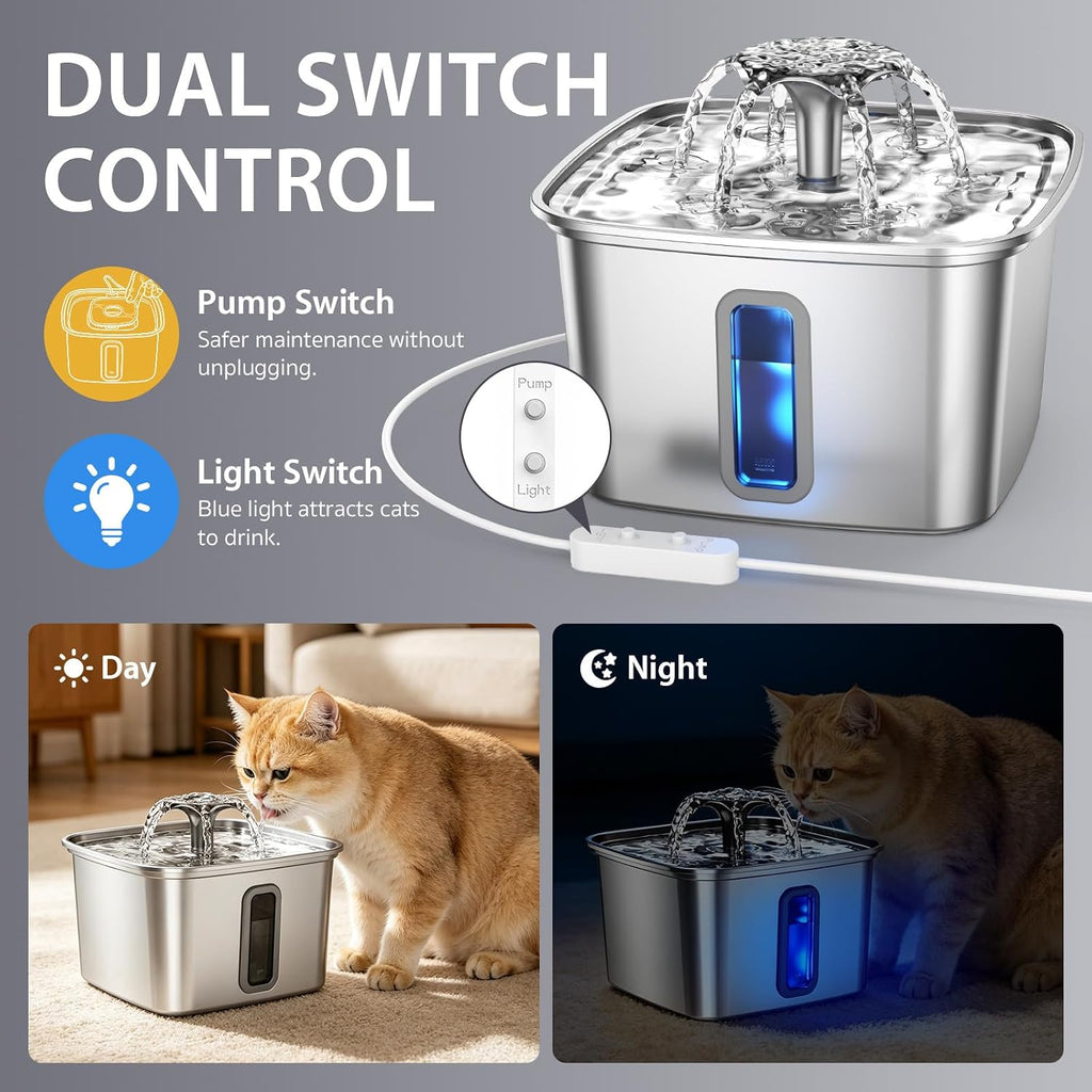 Innovation Award Winner Stainless Steel Cat Water Fountain, 108Oz/3.2L Automatic Pet Fountain Dog Water Dispenser with 3 Replacement Filters & Silicone Mat, Gifts for Cats, Dogs (Silver)