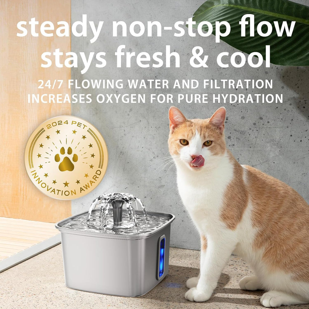 Innovation Award Winner Stainless Steel Cat Water Fountain, 108Oz/3.2L Automatic Pet Fountain Dog Water Dispenser with 3 Replacement Filters & Silicone Mat, Gifts for Cats, Dogs (Silver)