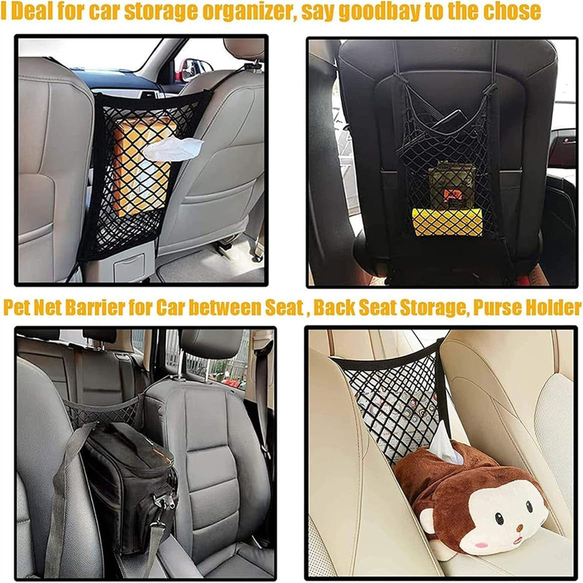 Dog Car Net Barrier Pet Barrier with Car Mesh Organizer for Dog & Child, Safety Divider with Upgraded Storage Pouch, Easy Install for Cars & Suvs
