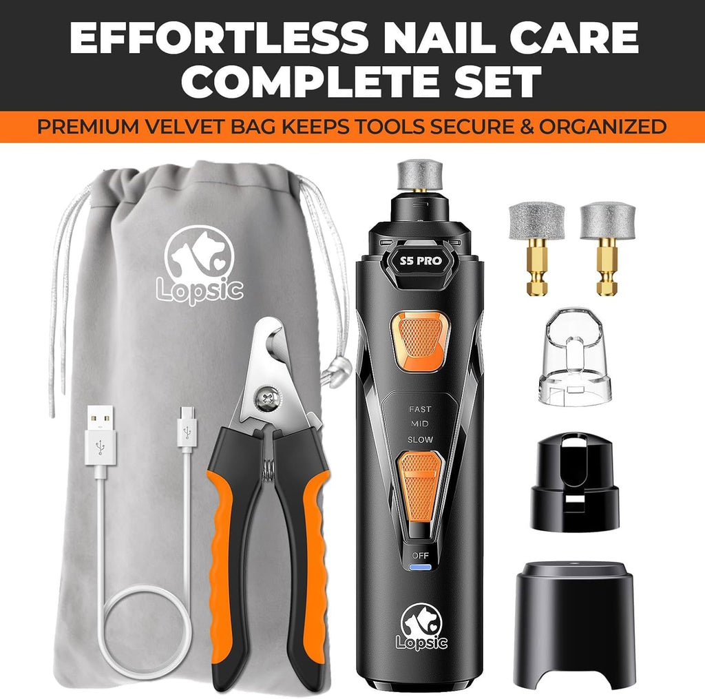 Whisper Quiet Dog Nail Grinder with 4 LED Lights, Safe & Stress-Free for Sensitive Dogs Cats of All Breeds & Sizes, 3 Grinding Bits, 3-Speed, Pet Nail Trimmers, Rechargeable Painless Grooming Kit