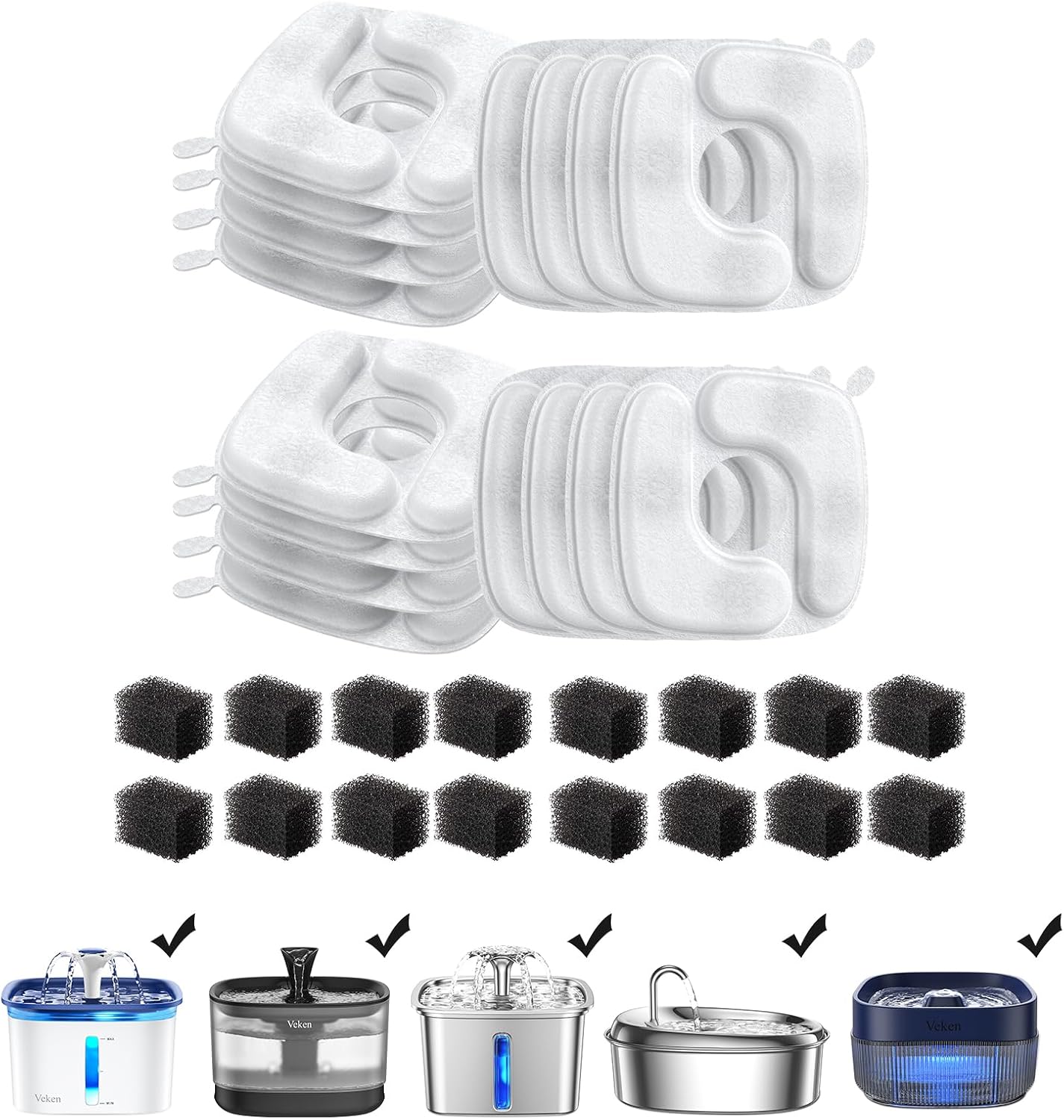 Cat Water Fountain Filters, 8 Pack Replacement Filters & 8 Pack Replacement Pre-Filter Sponges Set for 50Oz, 84Oz, 95Oz or 108Oz Automatic Pet Fountain Dog Water Dispenser