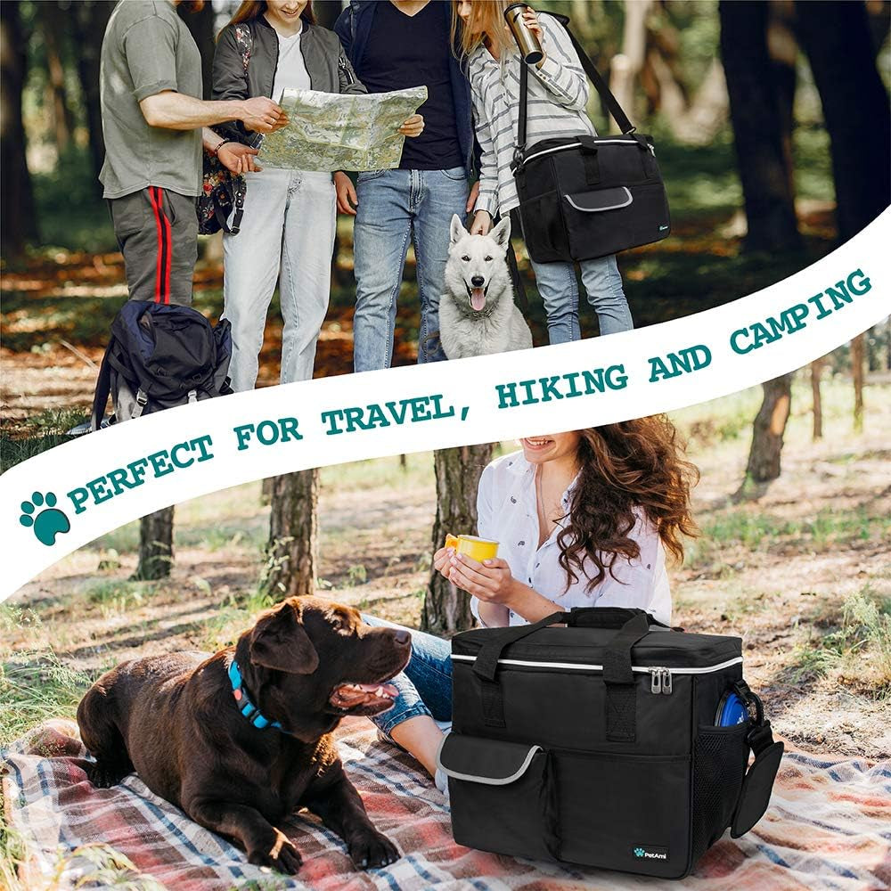 Dog Travel Bag Organizer, Pet Travel Kit with 2 Food Containers & 2 Collapsible Dog Bowls, Pet Supplies Tote with Luggage Sleeve, Weekend Road Trip Camping Essentials, Black, Medium
