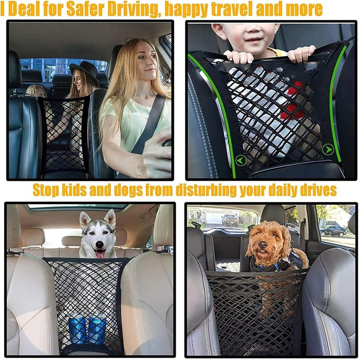 Dog Car Net Barrier Pet Barrier with Car Mesh Organizer for Dog & Child, Safety Divider with Upgraded Storage Pouch, Easy Install for Cars & Suvs
