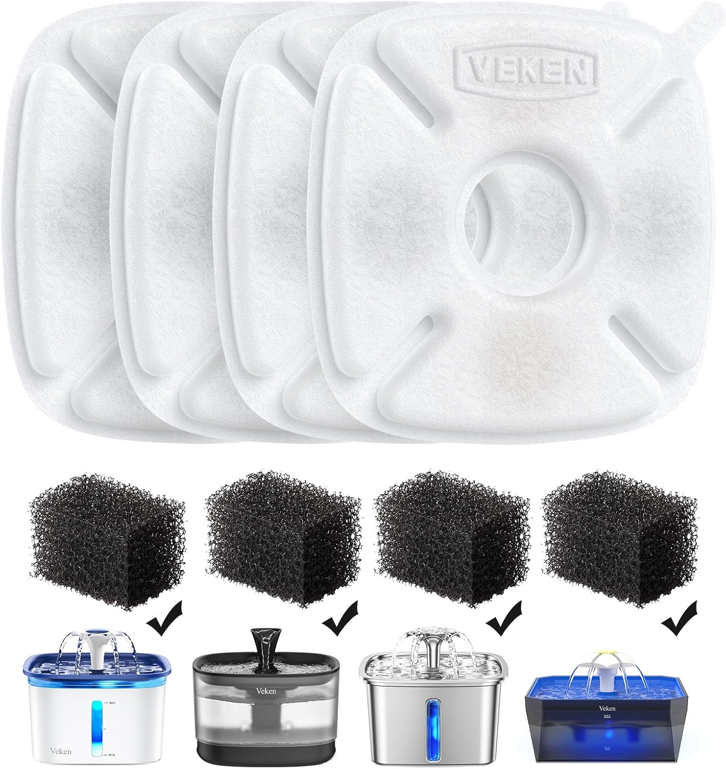 Cat Water Fountain Filters, 8 Pack Replacement Filters & 8 Pack Replacement Pre-Filter Sponges Set for 50Oz, 84Oz, 95Oz or 108Oz Automatic Pet Fountain Dog Water Dispenser