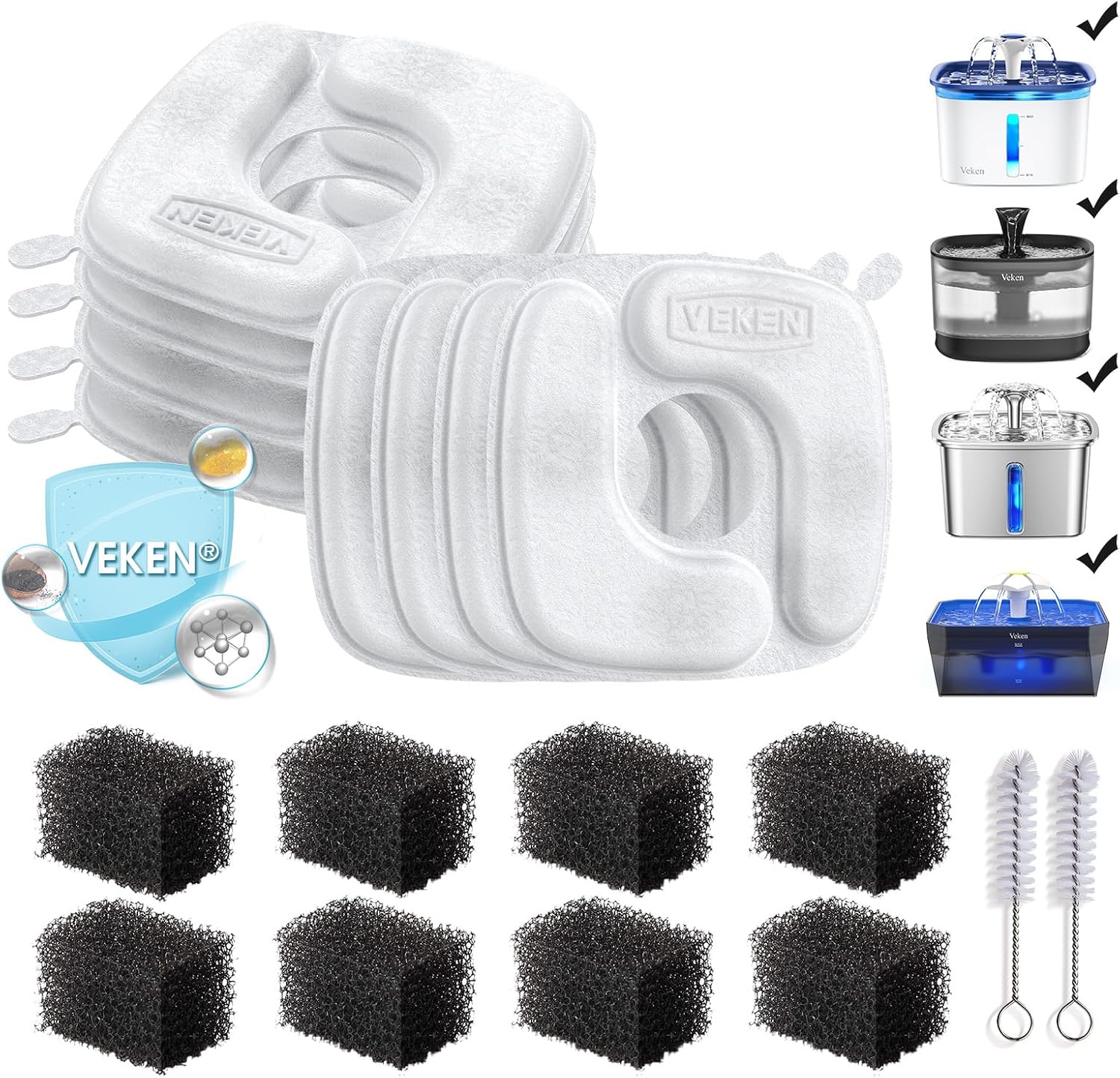 Cat Water Fountain Filters, 8 Pack Replacement Filters & 8 Pack Replacement Pre-Filter Sponges Set for 50Oz, 84Oz, 95Oz or 108Oz Automatic Pet Fountain Dog Water Dispenser
