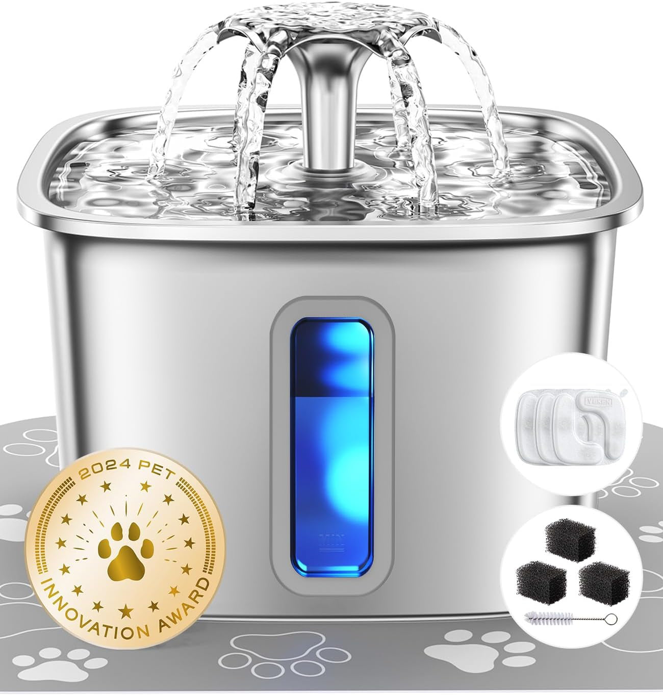 Innovation Award Winner Stainless Steel Cat Water Fountain, 108Oz/3.2L Automatic Pet Fountain Dog Water Dispenser with 3 Replacement Filters & Silicone Mat, Gifts for Cats, Dogs (Silver)