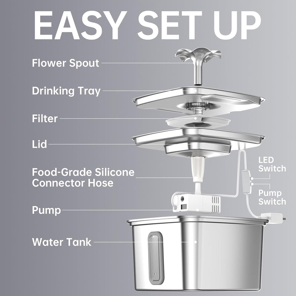 Innovation Award Winner Stainless Steel Cat Water Fountain, 108Oz/3.2L Automatic Pet Fountain Dog Water Dispenser with 3 Replacement Filters & Silicone Mat, Gifts for Cats, Dogs (Silver)
