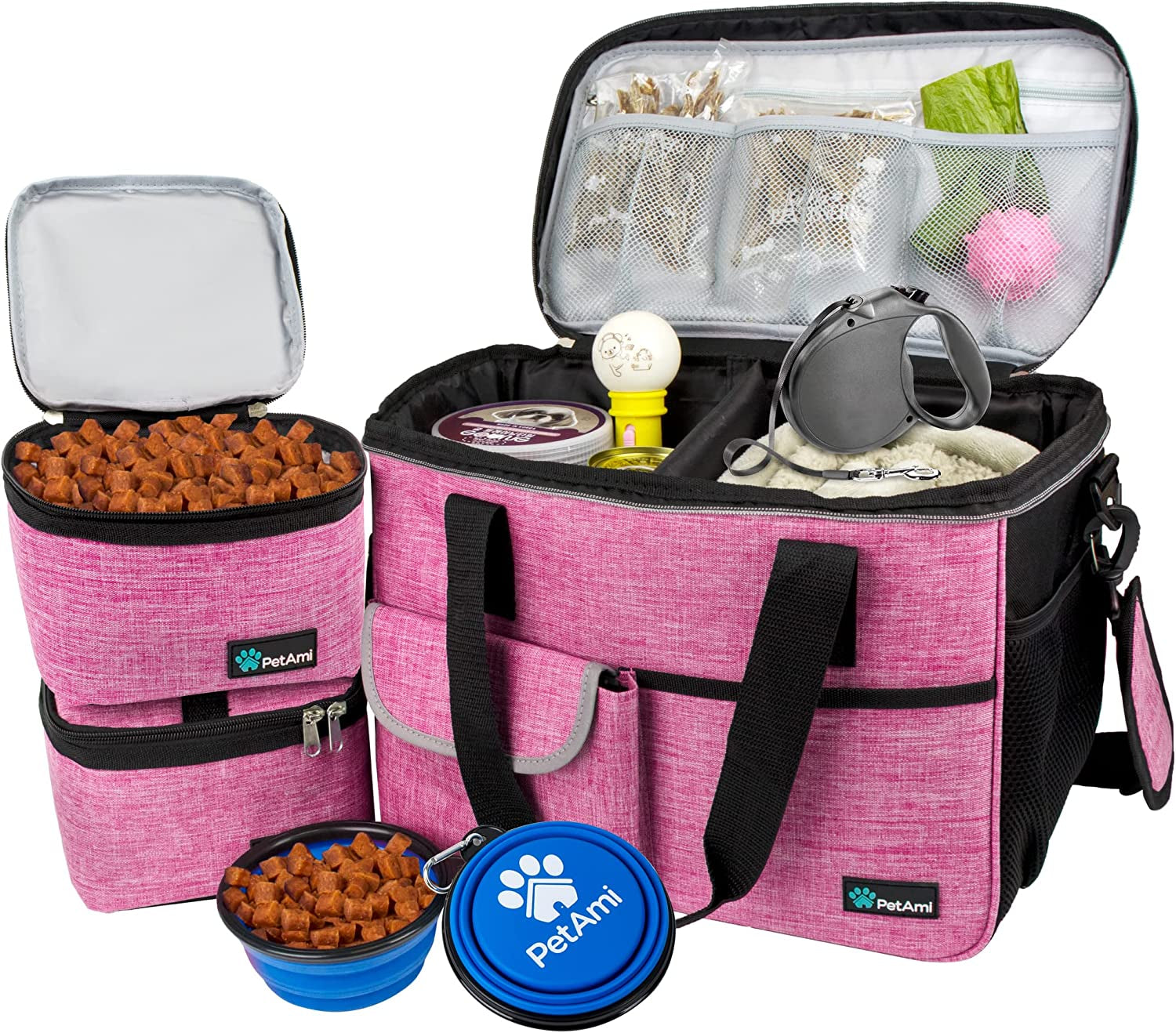Dog Travel Bag Organizer, Pet Travel Kit with 2 Food Containers & 2 Collapsible Dog Bowls, Pet Supplies Tote with Luggage Sleeve, Weekend Road Trip Camping Essentials, Black, Medium