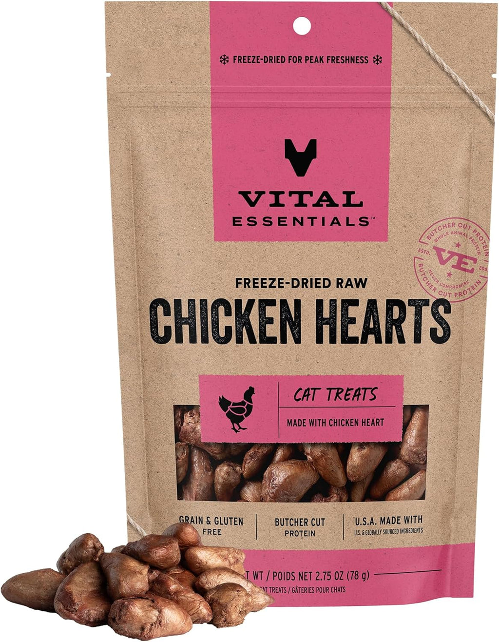 Freeze Dried Raw Chicken Hearts Cat Treats | Single Ingredient | Premium Quality | Grain Free, Healthy Treats for Cats, 0.8 Oz Bag