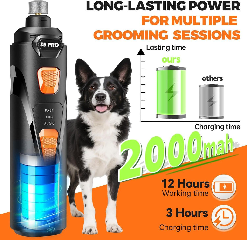 Whisper Quiet Dog Nail Grinder with 4 LED Lights, Safe & Stress-Free for Sensitive Dogs Cats of All Breeds & Sizes, 3 Grinding Bits, 3-Speed, Pet Nail Trimmers, Rechargeable Painless Grooming Kit