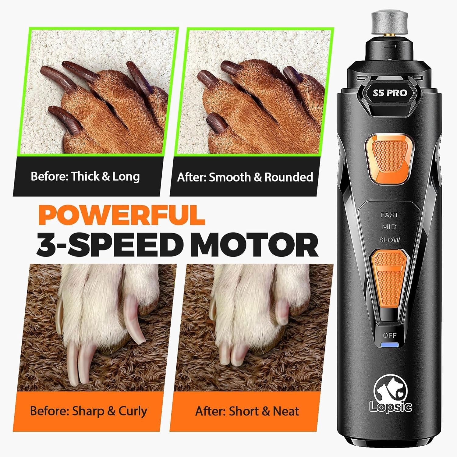 Whisper Quiet Dog Nail Grinder with 4 LED Lights, Safe & Stress-Free for Sensitive Dogs Cats of All Breeds & Sizes, 3 Grinding Bits, 3-Speed, Pet Nail Trimmers, Rechargeable Painless Grooming Kit