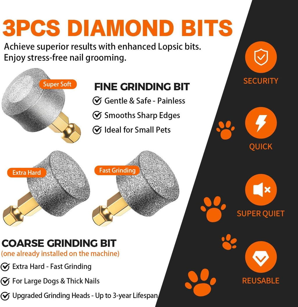 Whisper Quiet Dog Nail Grinder with 4 LED Lights, Safe & Stress-Free for Sensitive Dogs Cats of All Breeds & Sizes, 3 Grinding Bits, 3-Speed, Pet Nail Trimmers, Rechargeable Painless Grooming Kit