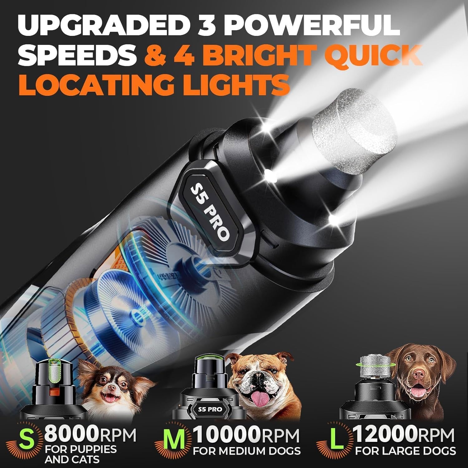Whisper Quiet Dog Nail Grinder with 4 LED Lights, Safe & Stress-Free for Sensitive Dogs Cats of All Breeds & Sizes, 3 Grinding Bits, 3-Speed, Pet Nail Trimmers, Rechargeable Painless Grooming Kit