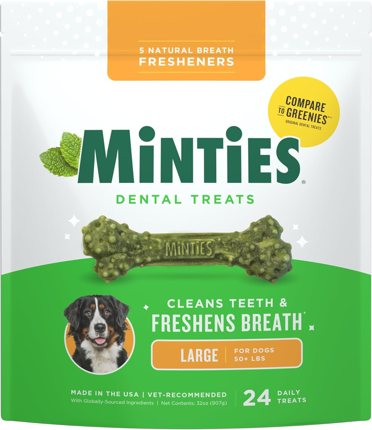 Dental Chews for Dogs, 20 Count, Vet-Recommended Mint-Flavored Dental Dog Treats for Medium Sizes 25-50 Lbs, Bones Clean Teeth, Fight Bad Breath, and Removes Plaque and Tartar