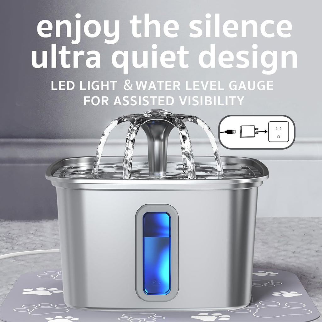 Innovation Award Winner Stainless Steel Cat Water Fountain, 108Oz/3.2L Automatic Pet Fountain Dog Water Dispenser with 3 Replacement Filters & Silicone Mat, Gifts for Cats, Dogs (Silver)
